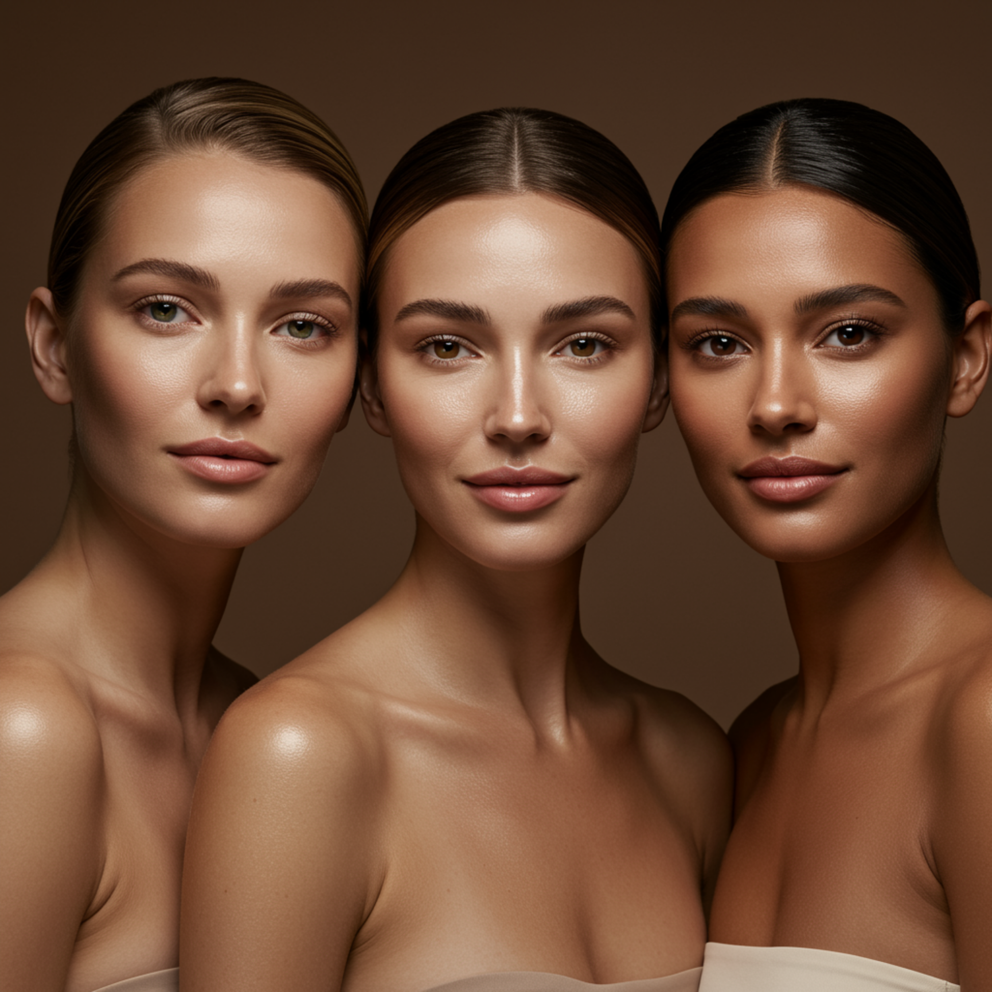 Trzy kobiety o różnych odcieniach skóry po użyciu Onyx Anti-Aging. Krem do twarzy zapewnia równomierną, zdrową opaleniznę.