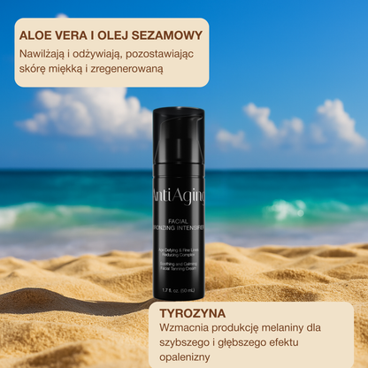 Onyx Anti-Aging na tle plaży i błękitnego nieba. Przyspieszacz brązujący z tyrozyną i olejami roślinnymi dla naturalnego efektu opalenizny.