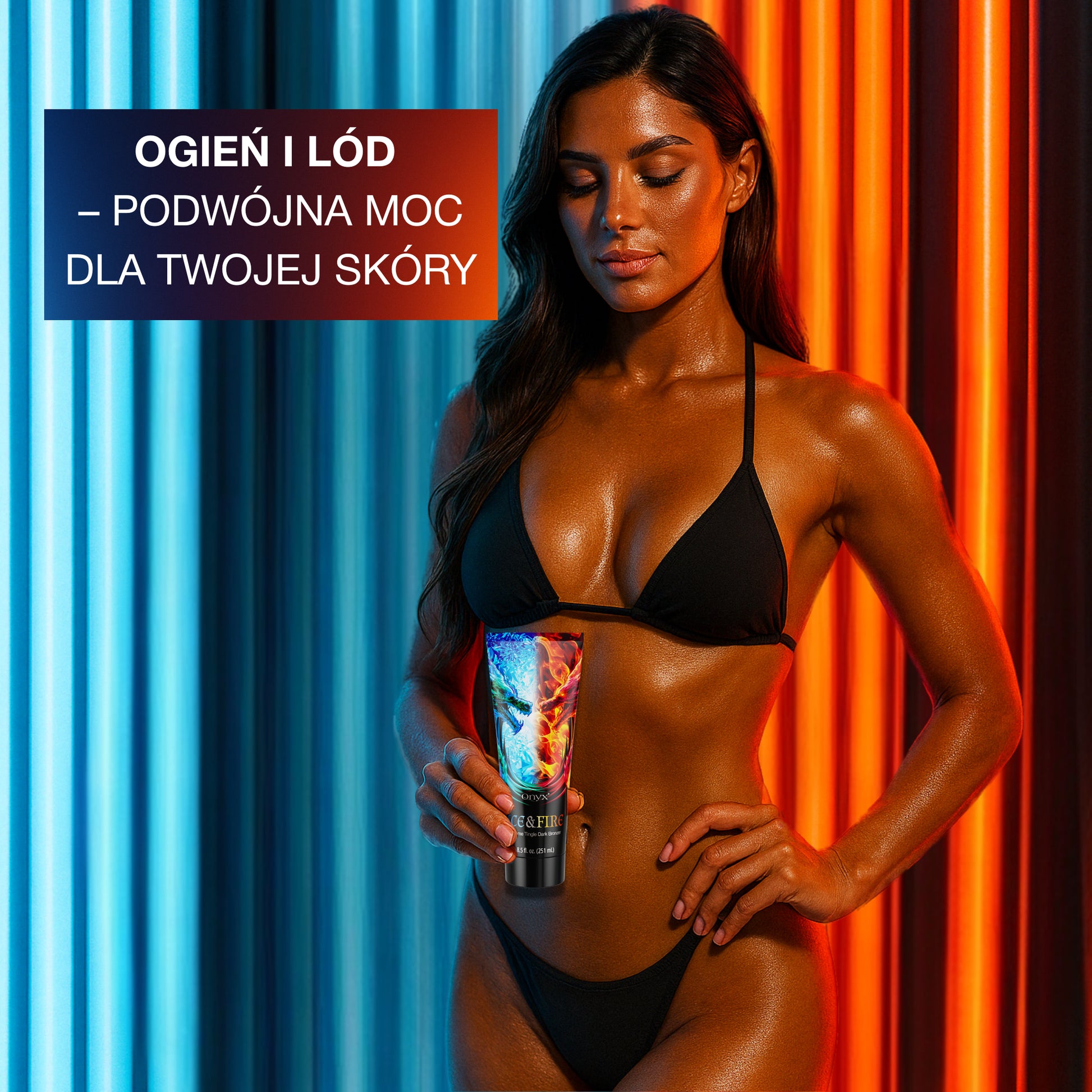 Modelka z Onyx Ice & Fire – bronzer do ciała z efektem ognia i lodu. Połączenie chłodzenia i rozgrzewania dla ekstremalnego opalania.