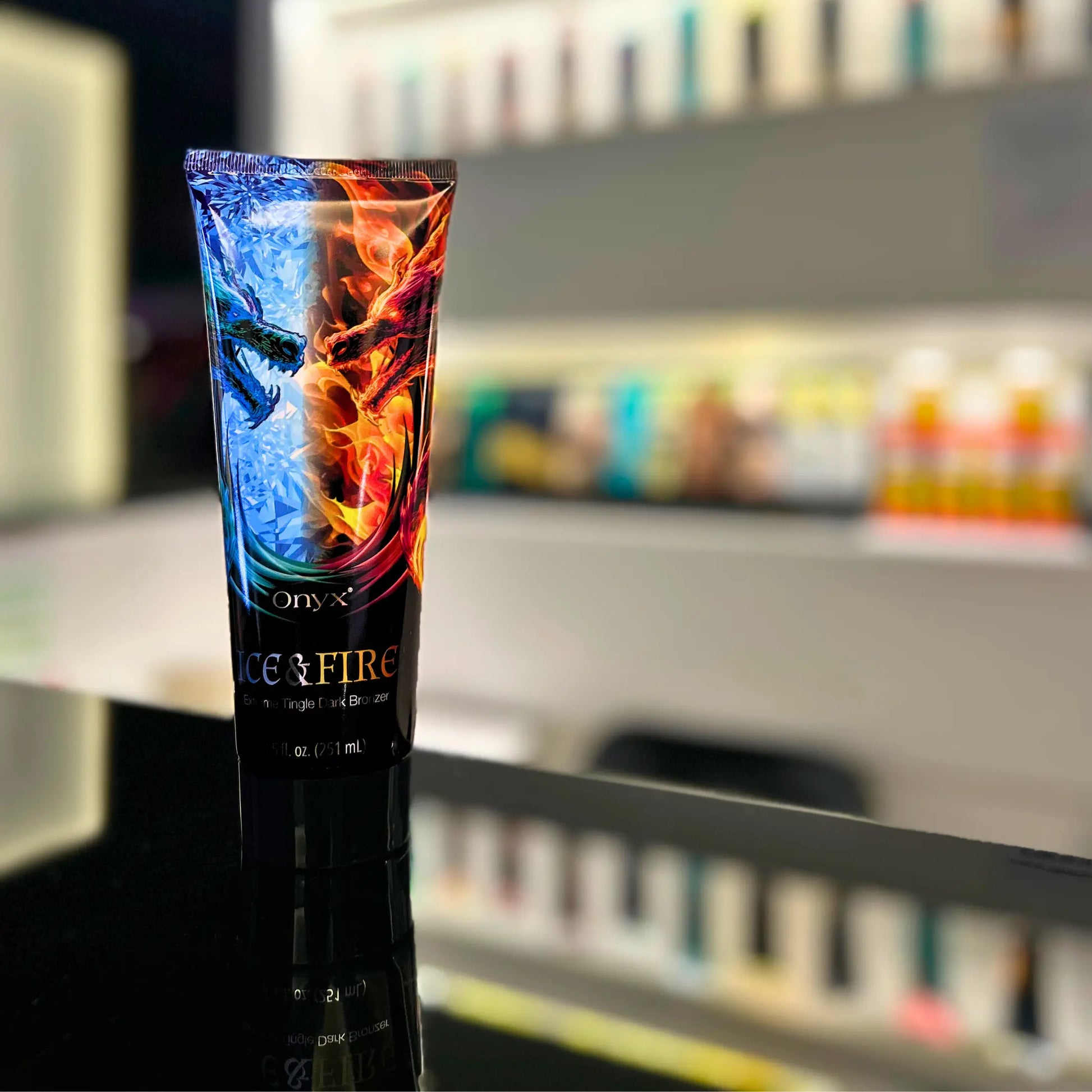 Onyx Ice & Fire w salonie kosmetycznym – profesjonalny bronzer do opalania z efektem tingle, dla osób szukających intensywnego efektu brązowej skóry.