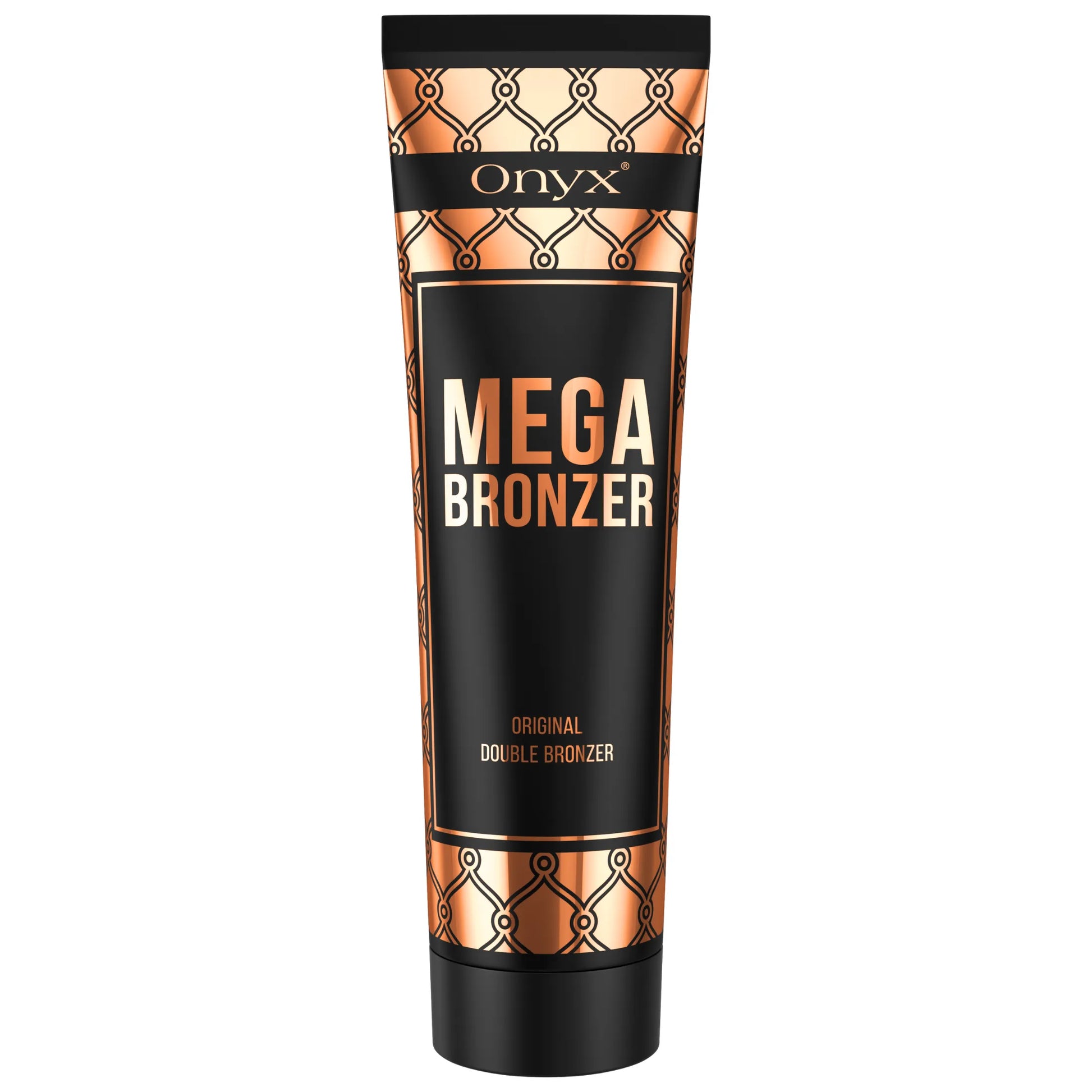uba balsamu brązującego Onyx Mega Bronzer ustawiona pionowo na białym tle, czarne i miedziane opakowanie z eleganckim wzorem prezentuje kosmetyk do intensywnej opalenizny