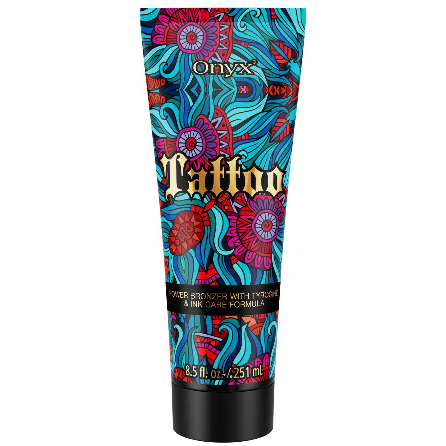 Tuba balsamu brązującego Onyx Tattoo Bronzer z kolorowym opakowaniem ustawiona pionowo na białym tle, przeznaczona do pielęgnacji tatuaży i opalania, wariant 251 ml